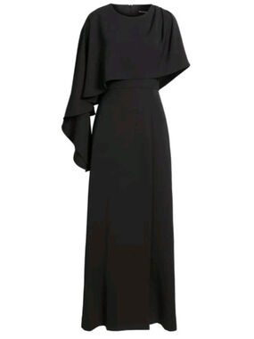 Black Halo Martine Black Classic Asymmetric Cape Dress Gown With Slit Size 0 NWT